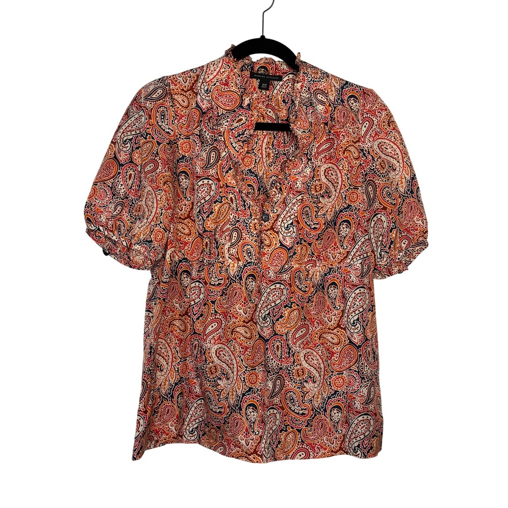 Y2K Banana Republic Womens 100% Silk Paisley Ruffle Neck Puff Sleeve Blouse M